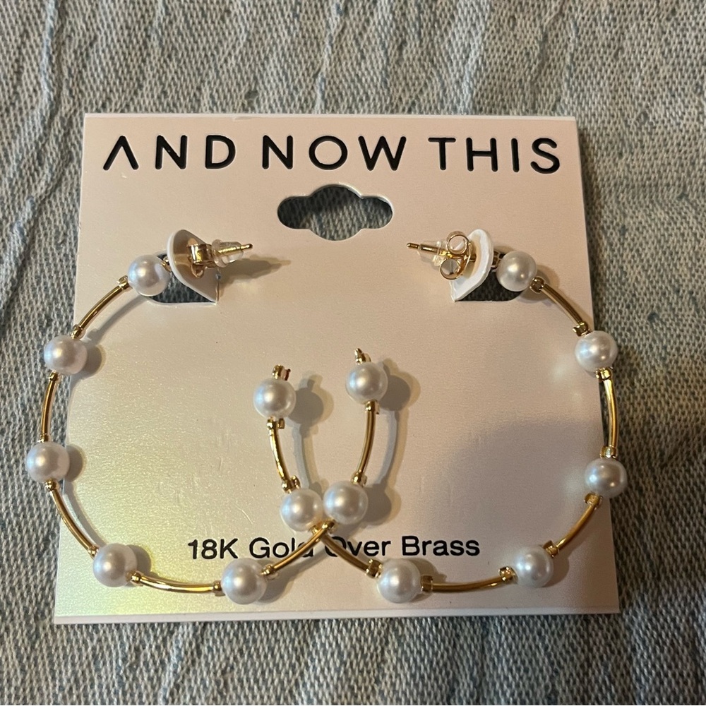 AND NOW THIS, imitation pearl gold hoop earrings